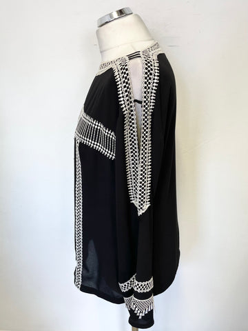 KAREN MILLEN BLACK & IVORY LACE TRIM LONG SLEEVED TOP SIZE 14