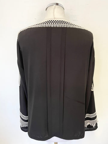KAREN MILLEN BLACK & IVORY LACE TRIM LONG SLEEVED TOP SIZE 14