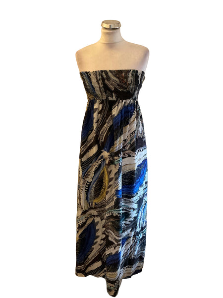 WAREHOUSE 100% SILK MULTI COLOURED STRAPLESS MAXI DRESS  SIZE 12