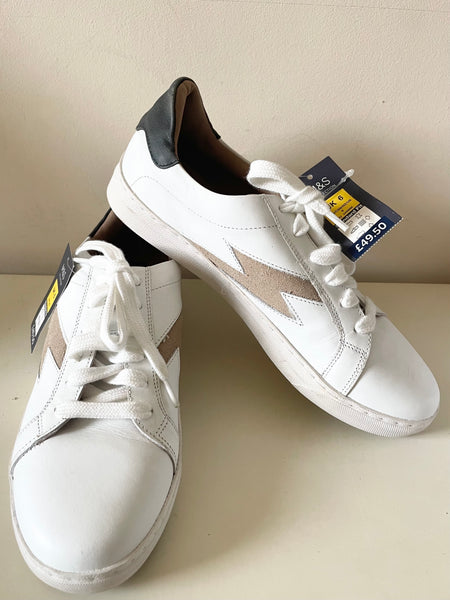 BRAND NEW MARKS & SPENCER WHITE & BEIGE LEATHER TRAINERS SIZE 6/39.5