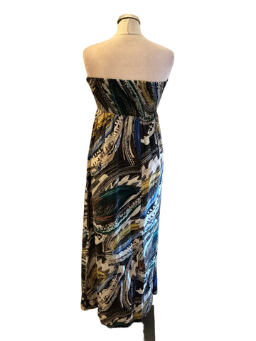 WAREHOUSE 100% SILK MULTI COLOURED STRAPLESS MAXI DRESS  SIZE 12