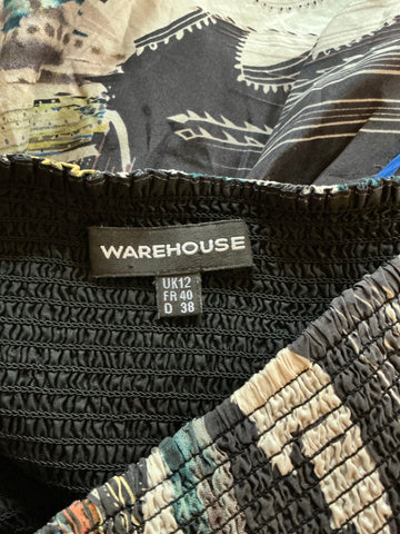 WAREHOUSE 100% SILK MULTI COLOURED STRAPLESS MAXI DRESS  SIZE 12