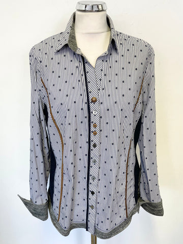 JUST WHITE NAVY BLUE & WHITE STRIPE CONTRAST TRIMMED LONG SLEEVED SHIRT SIZE 42 UK 14