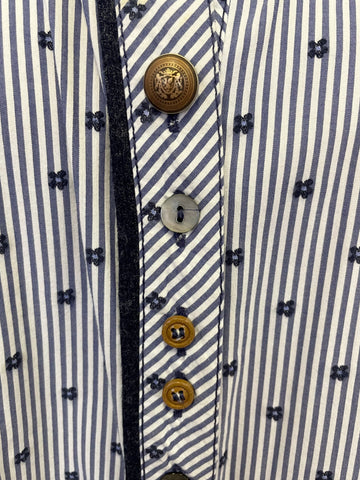 JUST WHITE NAVY BLUE & WHITE STRIPE CONTRAST TRIMMED LONG SLEEVED SHIRT SIZE 42 UK 14