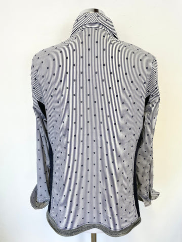 JUST WHITE NAVY BLUE & WHITE STRIPE CONTRAST TRIMMED LONG SLEEVED SHIRT SIZE 42 UK 14