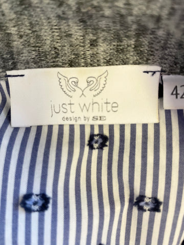 JUST WHITE NAVY BLUE & WHITE STRIPE CONTRAST TRIMMED LONG SLEEVED SHIRT SIZE 42 UK 14
