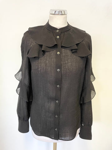 CEFINN BLACK FRILL TRIM LONG SLEEVED BLOUSE SIZE 8