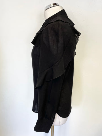 CEFINN BLACK FRILL TRIM LONG SLEEVED BLOUSE SIZE 8