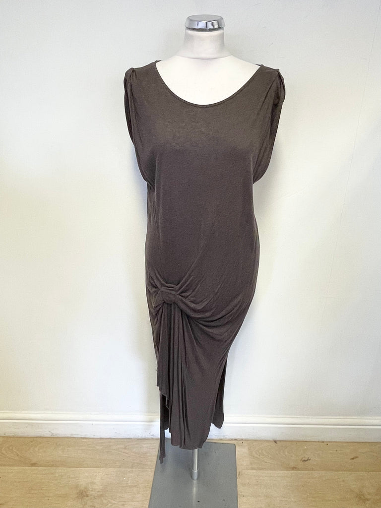 ALL SAINTS RIVIERA BROWN DRAPED FRONT SLEEVELESS JERSEY DRESS SIZE L Whispers Dress Agency ALL SAINTS RIVIERA BROWN DRAPED FRONT SLEEVELESS JERSEY DRESS SIZE L Whispers Dress Agency