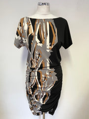 BCBGMAXAZRIA BLACK,GREY,IVORY & TAN PRINT STRETCH JERSEY DRESS SIZE M
