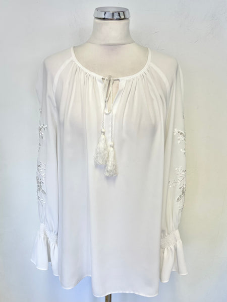 JOSEPH RIBKOFF WHITE EMBROIDERED LONG SLEEVED BLOUSE SIZE 16
