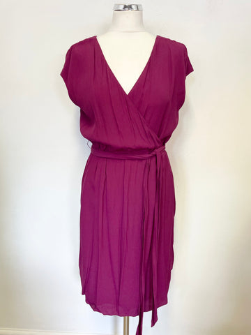 JIGSAW CRANBERRY PINK WRAP ACROSS TOP BELTED DRESS SIZE 10