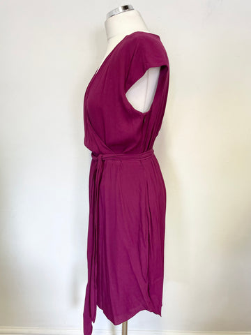 JIGSAW CRANBERRY PINK WRAP ACROSS TOP BELTED DRESS SIZE 10