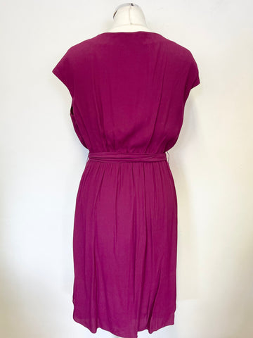 JIGSAW CRANBERRY PINK WRAP ACROSS TOP BELTED DRESS SIZE 10