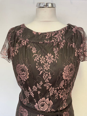 NANCYMAC BROWN & PINK LACE CAP SLEEVED MIDI DRESS SIZE 2 UK 12