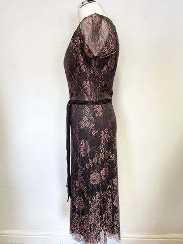 NANCYMAC BROWN & PINK LACE CAP SLEEVED MIDI DRESS SIZE 2 UK 12