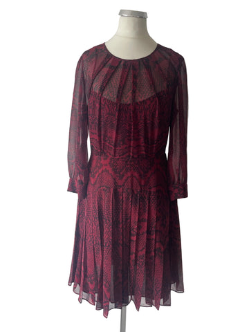 WHISTLES BURGUNDY & BLACK SNAKESKIN PRINT 3/4 SLEEVED FIT & FLARE DRESS SIZE 10
