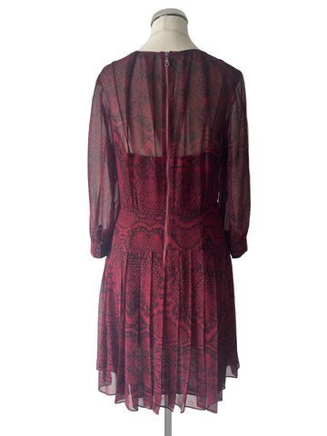 WHISTLES BURGUNDY & BLACK SNAKESKIN PRINT 3/4 SLEEVED FIT & FLARE DRESS SIZE 10