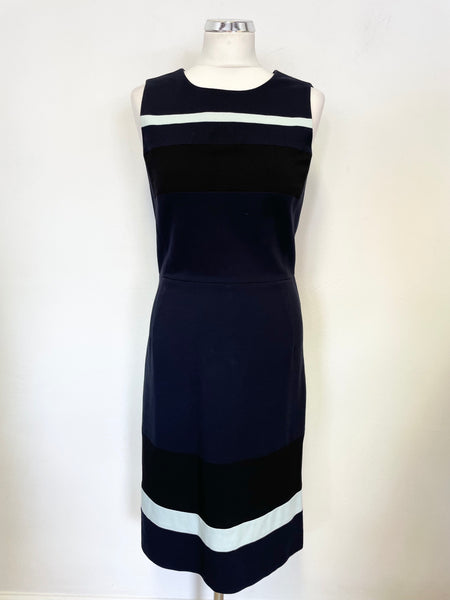 PAUL SMITH NAVY BLUE, PALE BLUE & BLACK STRIPED SLEEVELESS PENCIL DRESS SIZE 44 UK 10/12