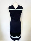 PAUL SMITH NAVY BLUE, PALE BLUE & BLACK STRIPED SLEEVELESS PENCIL DRESS SIZE 44 UK 10/12