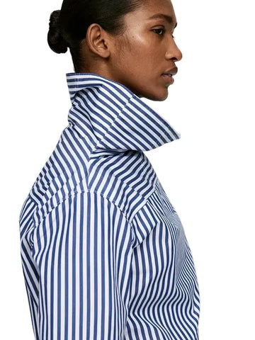 ARKET COTTON BLUE & WHITE STRIPED FOLD COLLAR LONG SLEEVED BLOUSE SIZE 34 UK 8/10