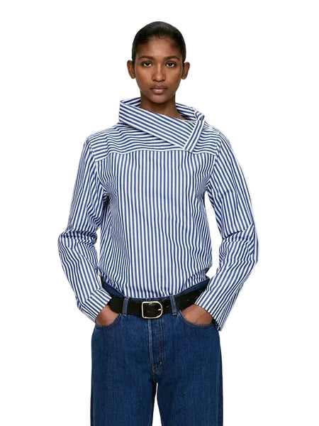 ARKET COTTON BLUE & WHITE STRIPED FOLD COLLAR LONG SLEEVED BLOUSE SIZE 34 UK 8/10