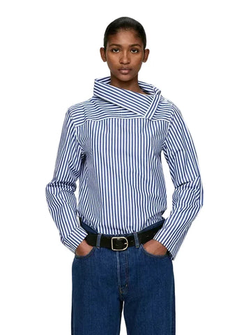 ARKET COTTON BLUE & WHITE STRIPED FOLD COLLAR LONG SLEEVED BLOUSE SIZE 34 UK 8/10