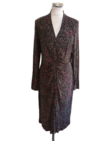 HOBBS BLACK, PINK & BEIGE PRINT LONG SLEEVED STRETCH JERSEY DRESS  SIZE 14