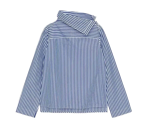 ARKET COTTON BLUE & WHITE STRIPED FOLD COLLAR LONG SLEEVED BLOUSE SIZE 34 UK 8/10