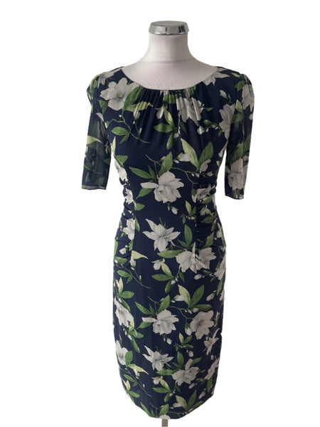 HOBBS 100% SILK NAVY FLORAL PRINT SHORT SLEEVE PENCIL DRESS SIZE 8