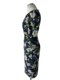 HOBBS 100% SILK NAVY FLORAL PRINT SHORT SLEEVE PENCIL DRESS SIZE 8