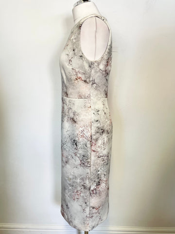 PHASE EIGHT IVORY & PINK/GREY MARBLED EFFECT SLEEVELESS PENCIL DRESS SIZE 14