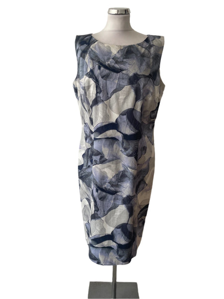 HUGO BOSS NAVY, GREY & WHITE FLORAL PRINT SLEEVELESS SHIFT DRESS SIZE 16