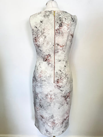 PHASE EIGHT IVORY & PINK/GREY MARBLED EFFECT SLEEVELESS PENCIL DRESS SIZE 14