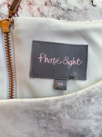 PHASE EIGHT IVORY & PINK/GREY MARBLED EFFECT SLEEVELESS PENCIL DRESS SIZE 14