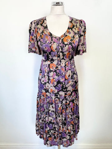 GHOST MULTI COLOURED FLORAL PRINT SHORT SLEEVED FIT & FLARE DRESS SIZE L