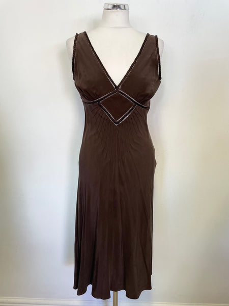TED BAKER BROWN 100% SILK SLEEVELESS FIT & FLARE DRESS SIZE 2 UK 10