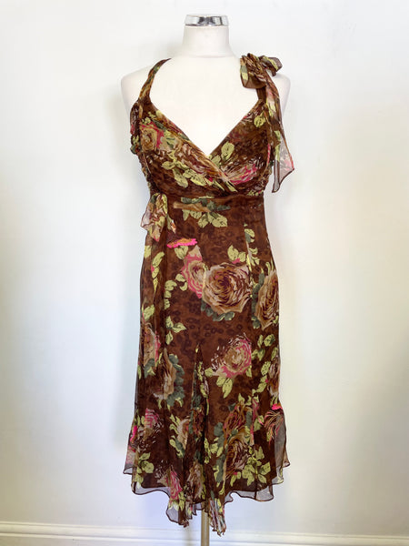 KAREN MILLEN BROWN 100% SILK FLORAL PRINT STRAPPY DRESS SIZE 10