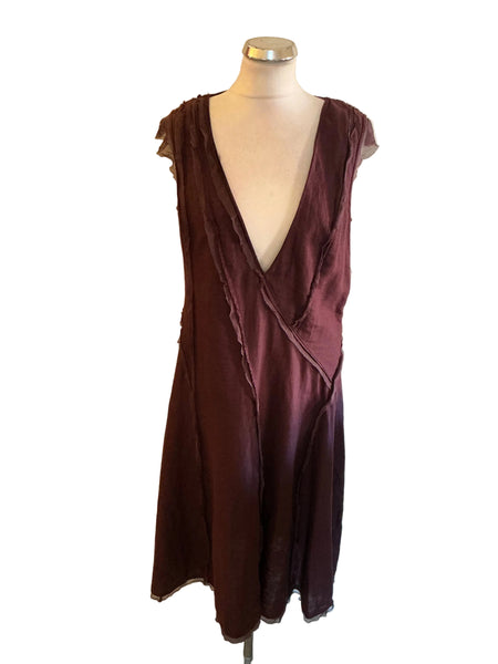 NICOLE FARHI PLUM 100% LINEN & SILK SEAM TRIM A-LINE DRESS SIZE 14
