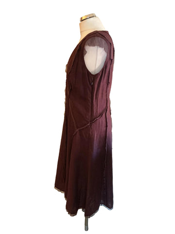 NICOLE FARHI PLUM 100% LINEN & SILK SEAM TRIM A-LINE DRESS SIZE 14