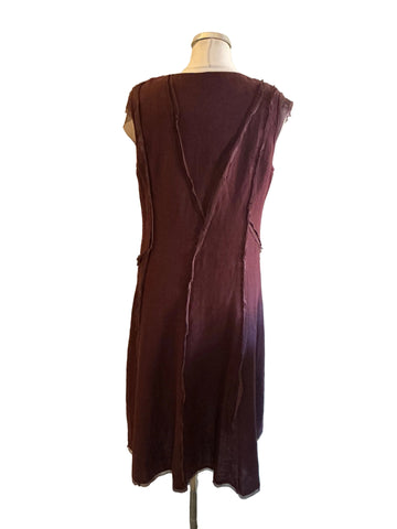 NICOLE FARHI PLUM 100% LINEN & SILK SEAM TRIM A-LINE DRESS SIZE 14
