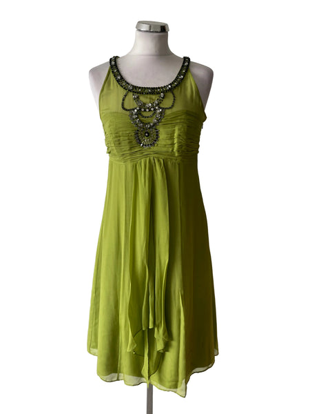 MONSOON 100% SILK GREEN BEAD & JEWEL TRIMMED FIT & FLARE DRESS SIZE 10