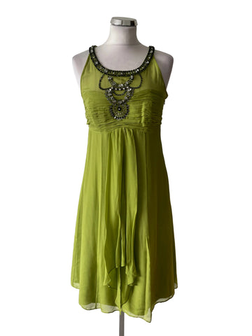 MONSOON 100% SILK GREEN BEAD & JEWEL TRIMMED FIT & FLARE DRESS SIZE 10