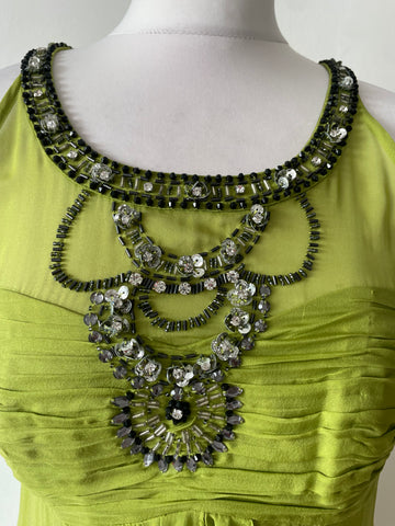 MONSOON 100% SILK GREEN BEAD & JEWEL TRIMMED FIT & FLARE DRESS SIZE 10