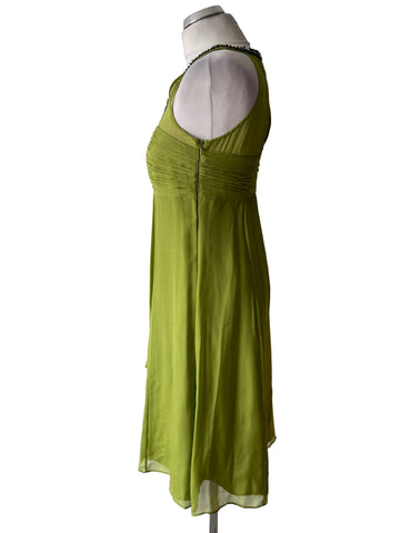 MONSOON 100% SILK GREEN BEAD & JEWEL TRIMMED FIT & FLARE DRESS SIZE 10