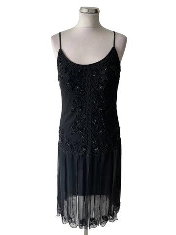 FAUST 100% SILK BLACK BEAD & SEQUINNED TRIM PARTY/COCKTAIL DRESS SIZE 42 FIT UK 12