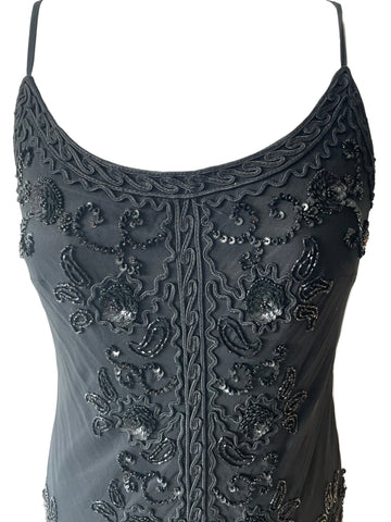 FAUST 100% SILK BLACK BEAD & SEQUINNED TRIM PARTY/COCKTAIL DRESS SIZE 42 FIT UK 12