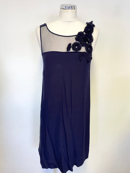 WHISTLES 100% SILK NAVY BLUE APPLIQUE FLOWER TRIM A-LINE DRESS SIZE 8
