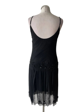 FAUST 100% SILK BLACK BEAD & SEQUINNED TRIM PARTY/COCKTAIL DRESS SIZE 42 FIT UK 12