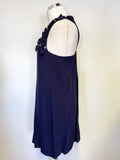 WHISTLES 100% SILK NAVY BLUE APPLIQUE FLOWER TRIM A-LINE DRESS SIZE 8